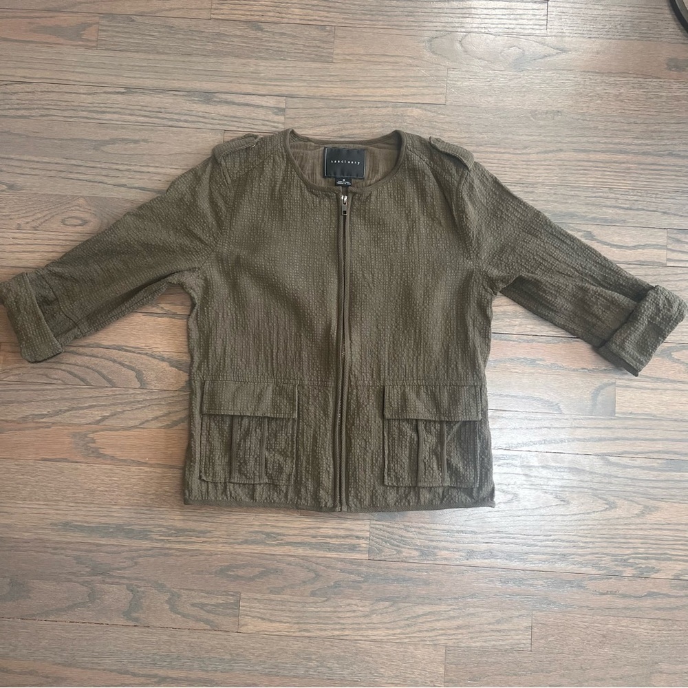 Sanctuary Utility Jacket Olive Green Full Zip Cotton Seersucker Collarless Med
